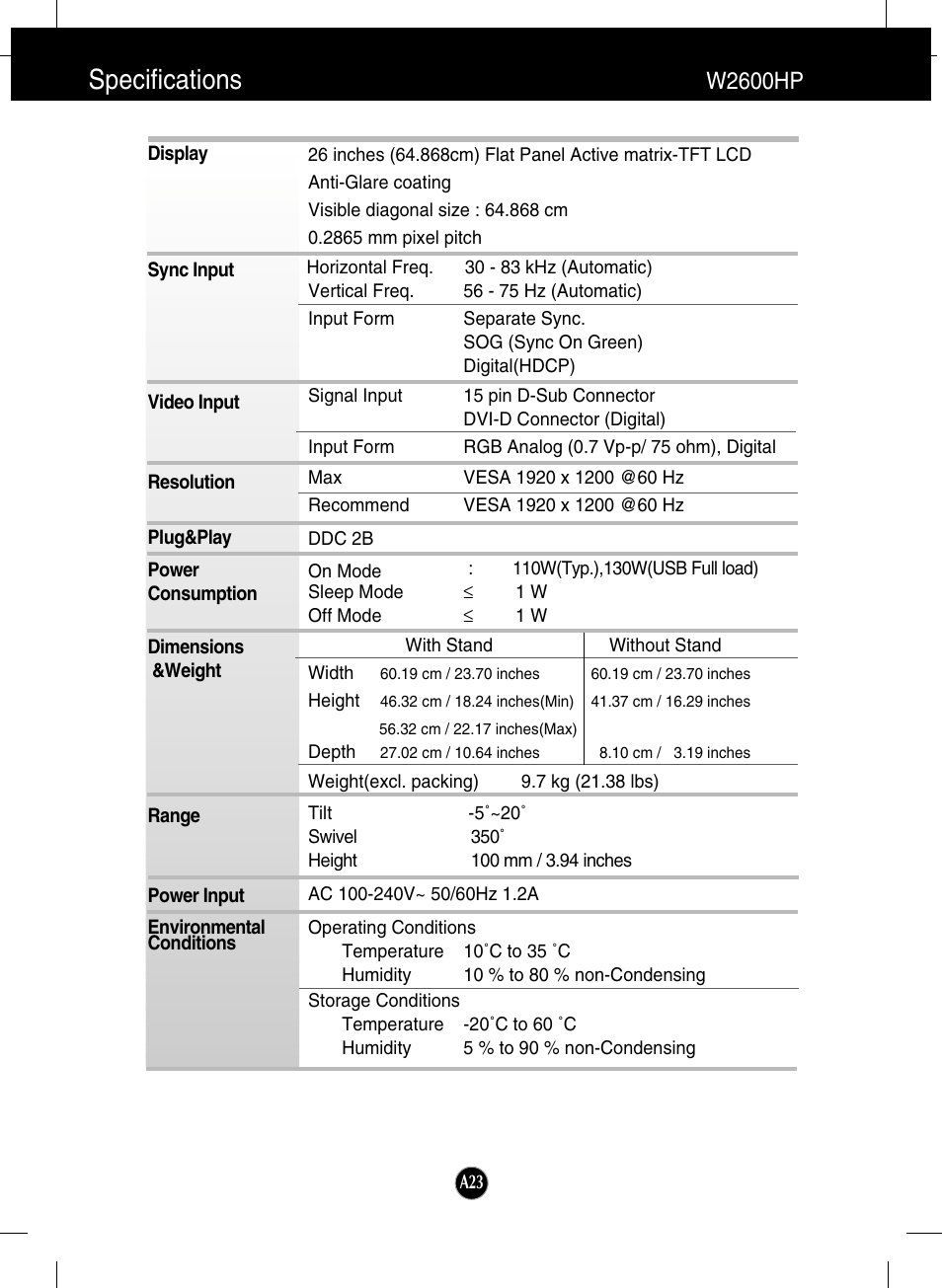 Specifications, W2600hp | LG W2600H-PF User Manual | Page 24 / 28
