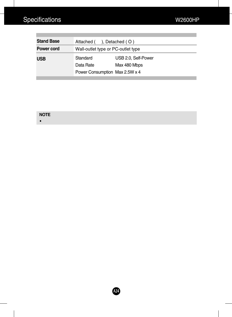 Specifications, W2600hp | LG W2600H-PF User Manual | Page 25 / 28