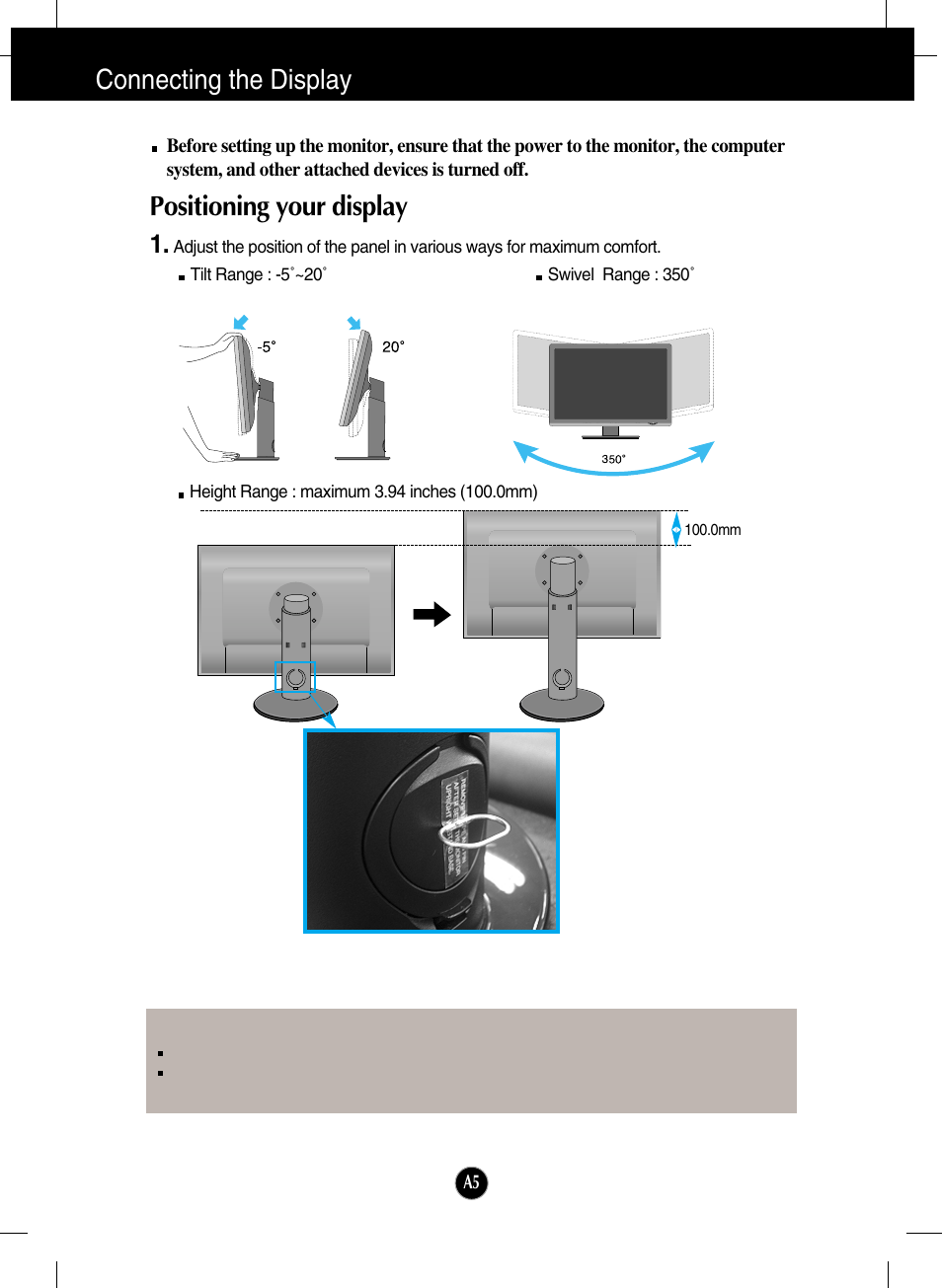 Positioning your display, Connecting the display | LG W2600H-PF User Manual | Page 6 / 28