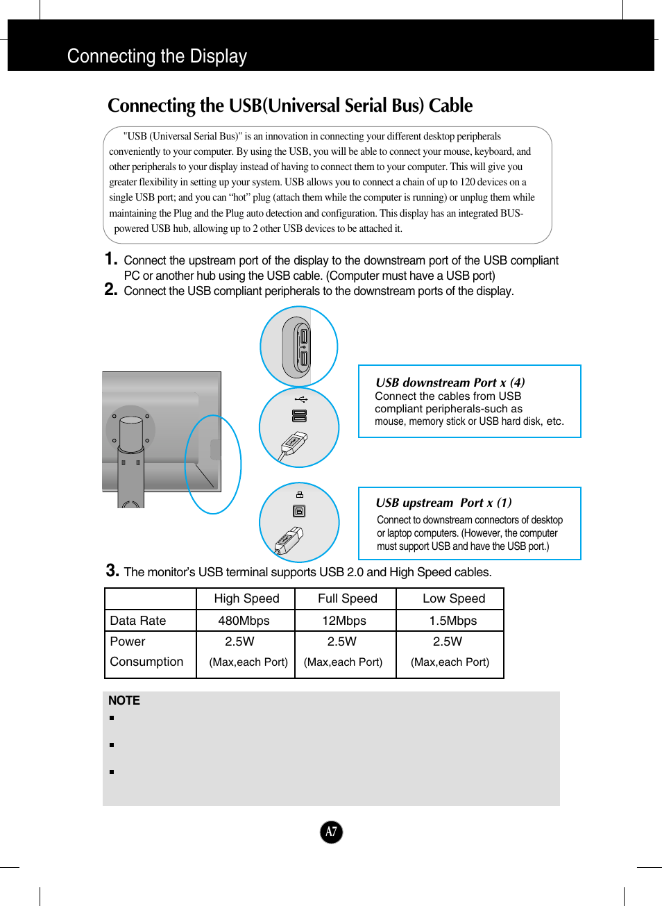 Connecting the usb(universal serial bus) cable, Connecting the display | LG W2600H-PF User Manual | Page 8 / 28