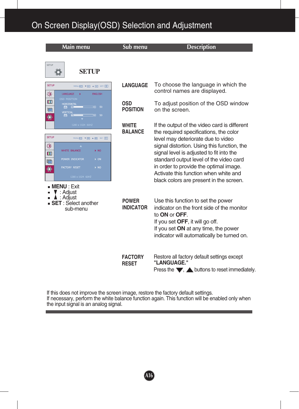 Setup, On screen display(osd) selection and adjustment | LG W1943SE-PF User Manual | Page 17 / 27