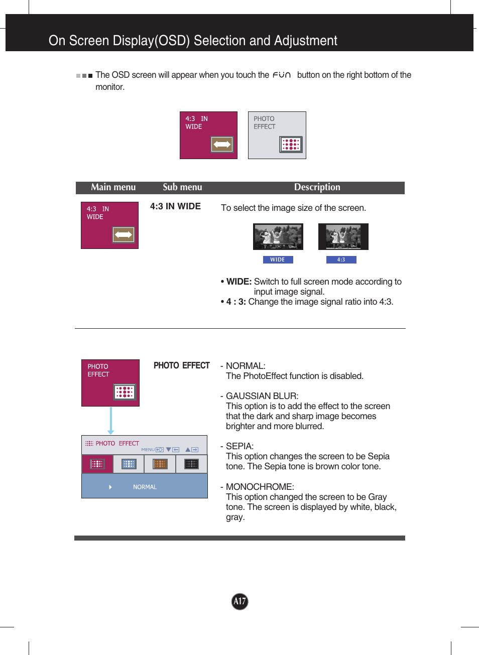 3 in wide, Photo effect, On screen display(osd) selection and adjustment | LG W1943SE-PF User Manual | Page 18 / 27