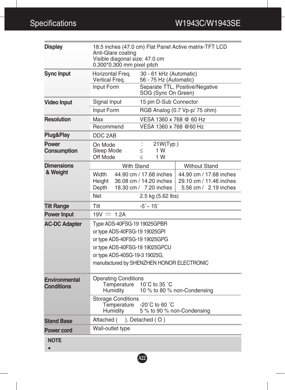 Specifications, W1943c/w1943se | LG W1943SE-PF User Manual | Page 23 / 27