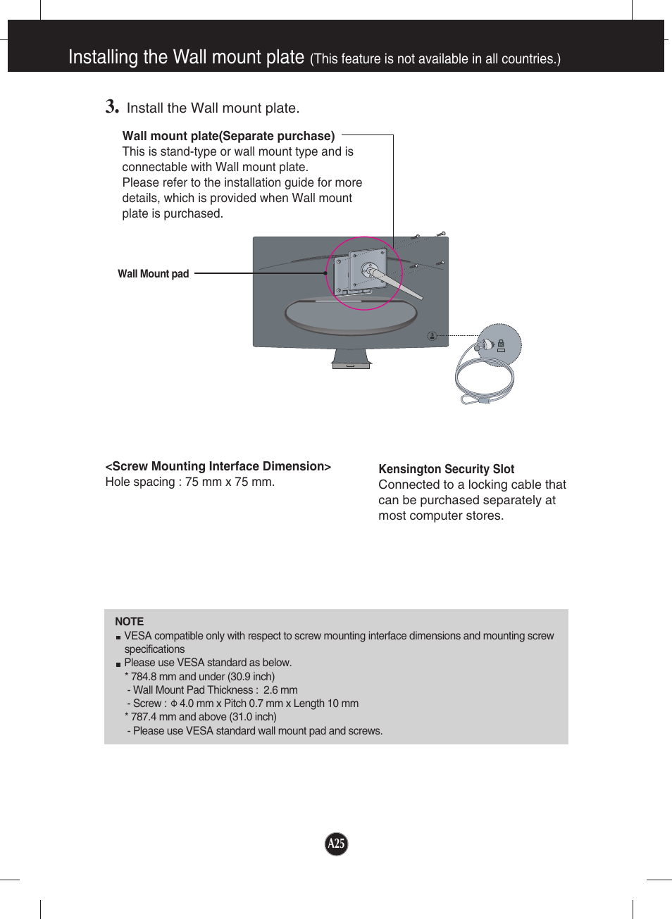 Installing the wall mount plate | LG W1943SE-PF User Manual | Page 26 / 27