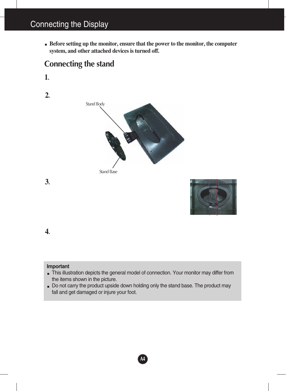 Connecting the display, Connecting the stand | LG W1943SE-PF User Manual | Page 5 / 27