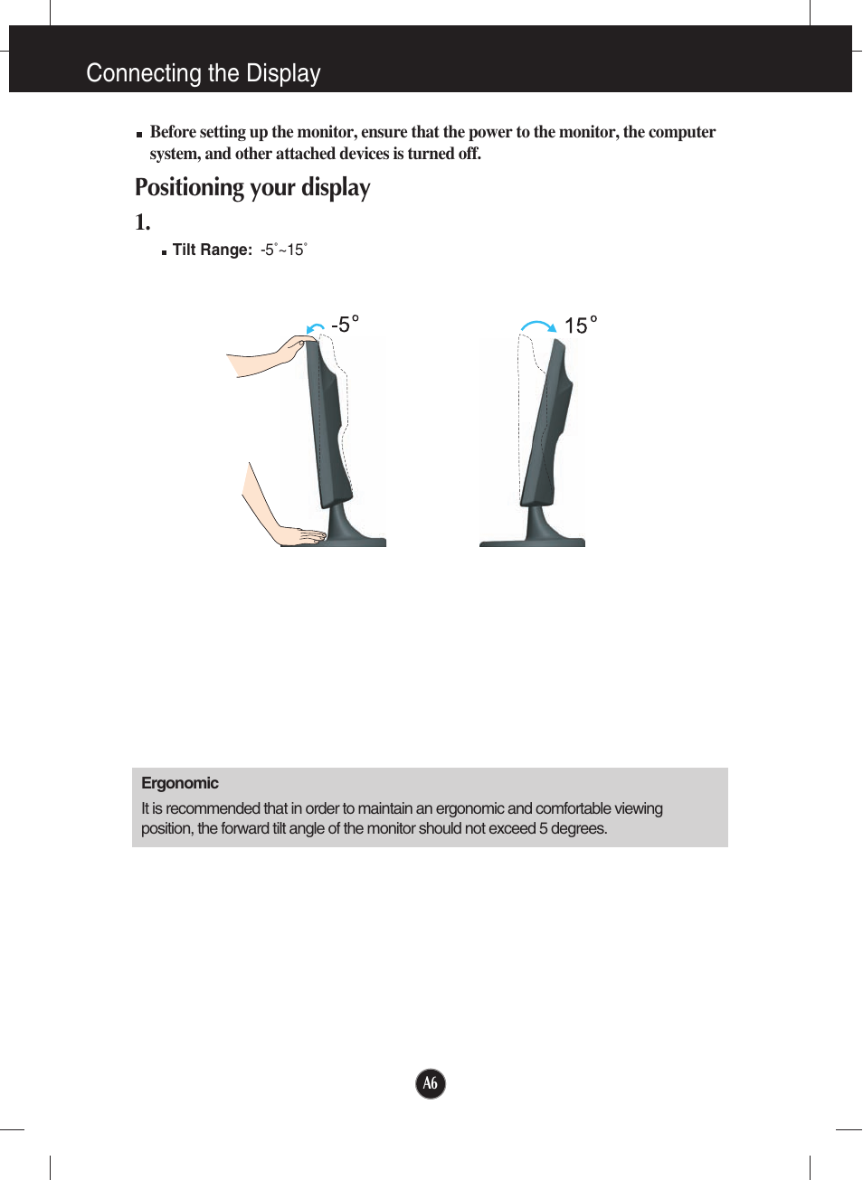 Positioning your display, Connecting the display | LG W1943SE-PF User Manual | Page 7 / 27