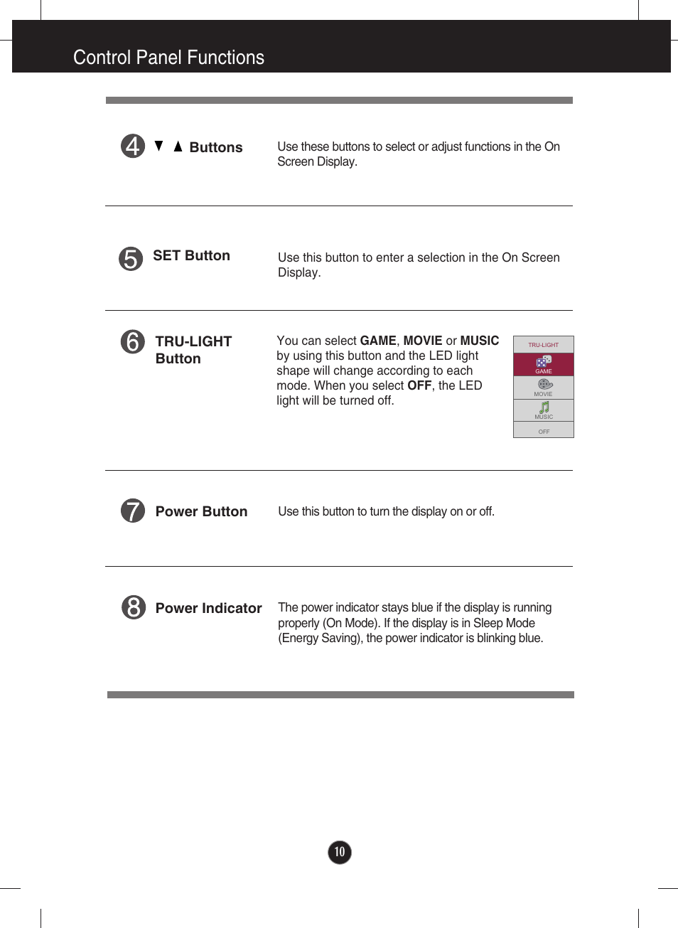 Control panel functions, Set button, Tru-light button | Power button, Power indicator, Buttons | LG W2363D-PF User Manual | Page 11 / 27