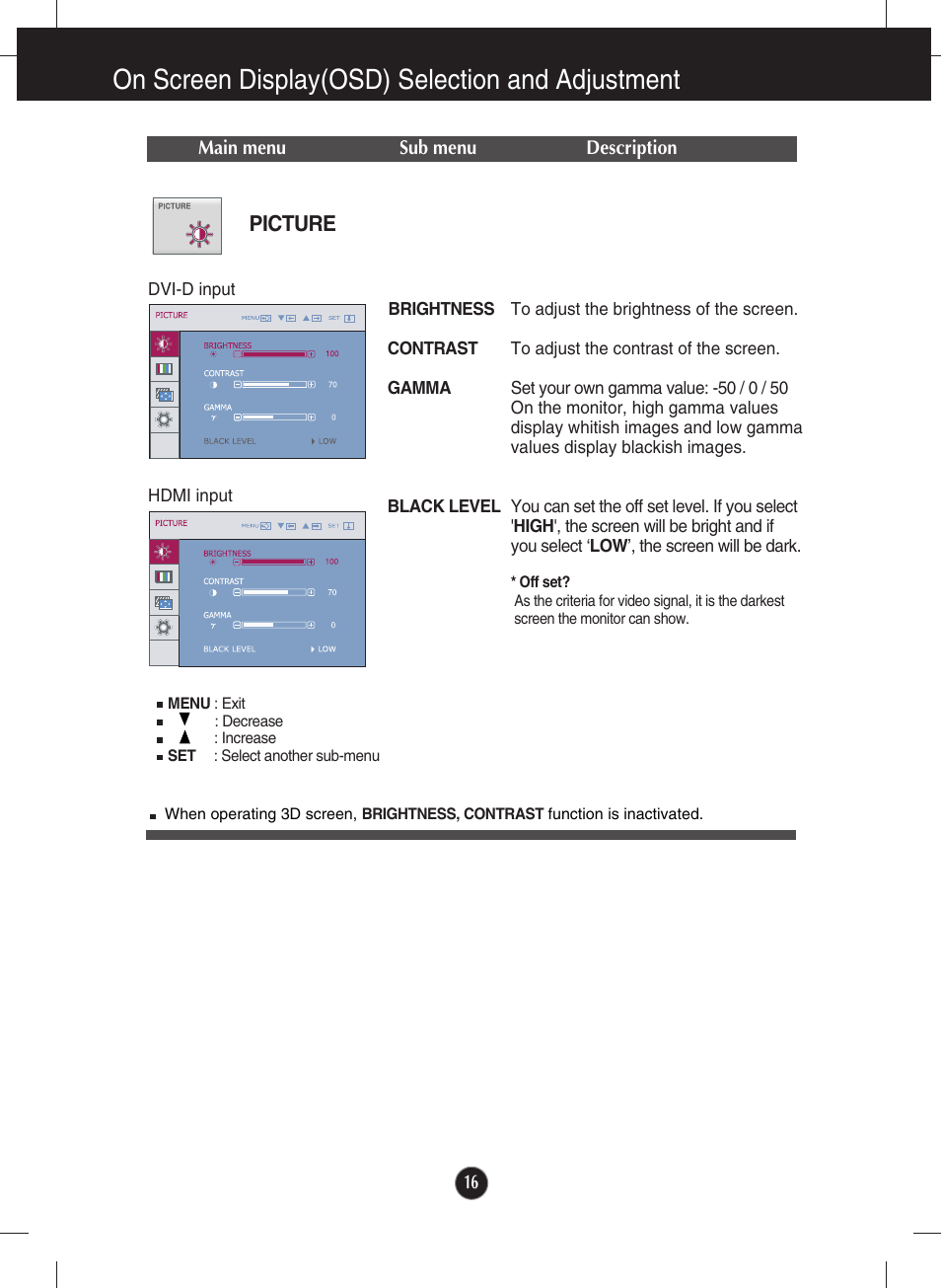 Picture, On screen display(osd) selection and adjustment | LG W2363D-PF User Manual | Page 17 / 27