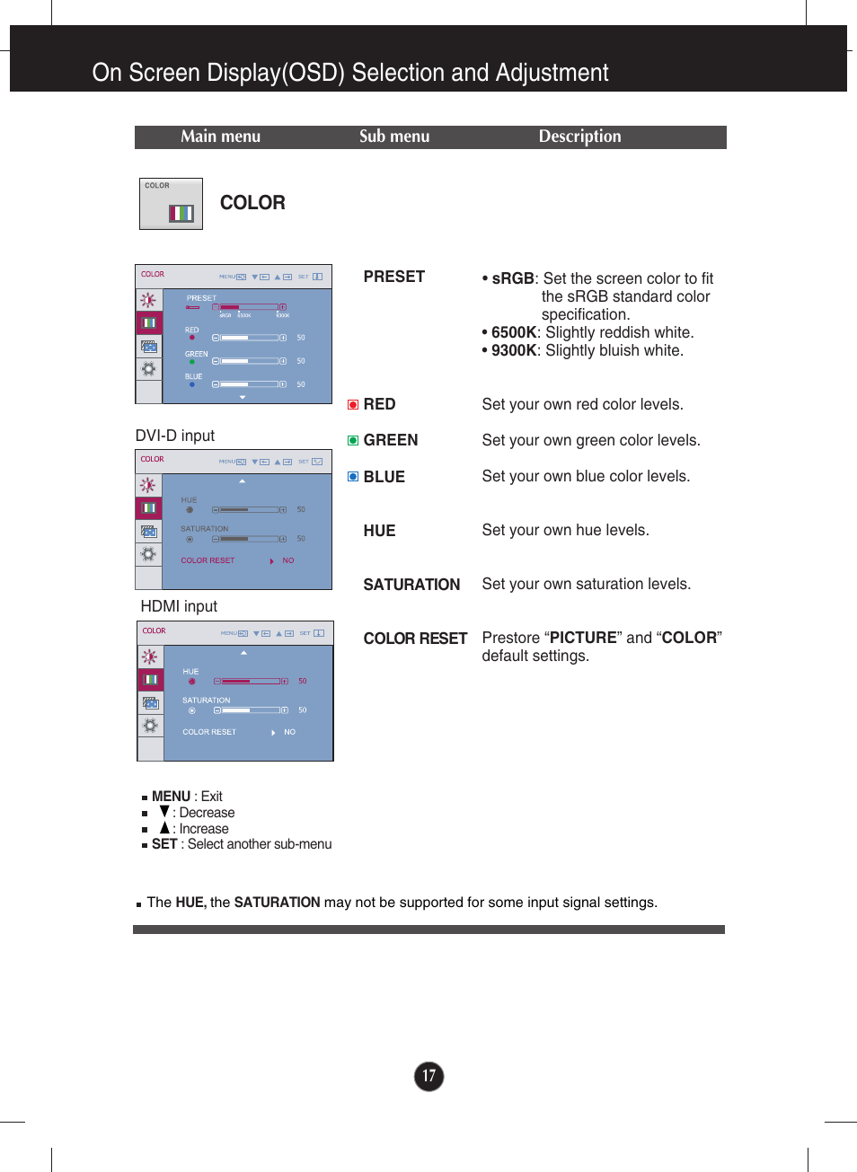 Color, On screen display(osd) selection and adjustment | LG W2363D-PF User Manual | Page 18 / 27