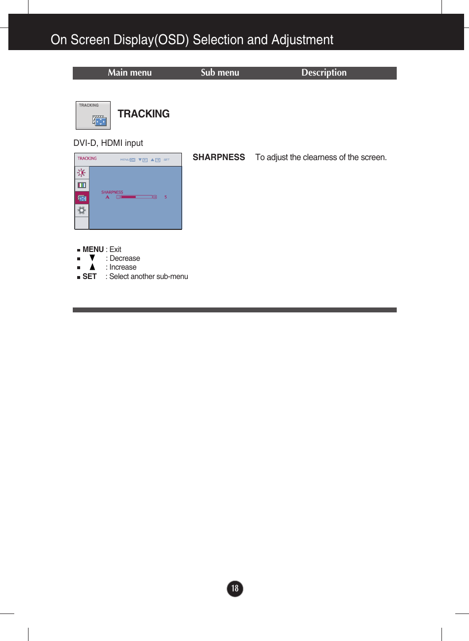 Tracking, On screen display(osd) selection and adjustment | LG W2363D-PF User Manual | Page 19 / 27