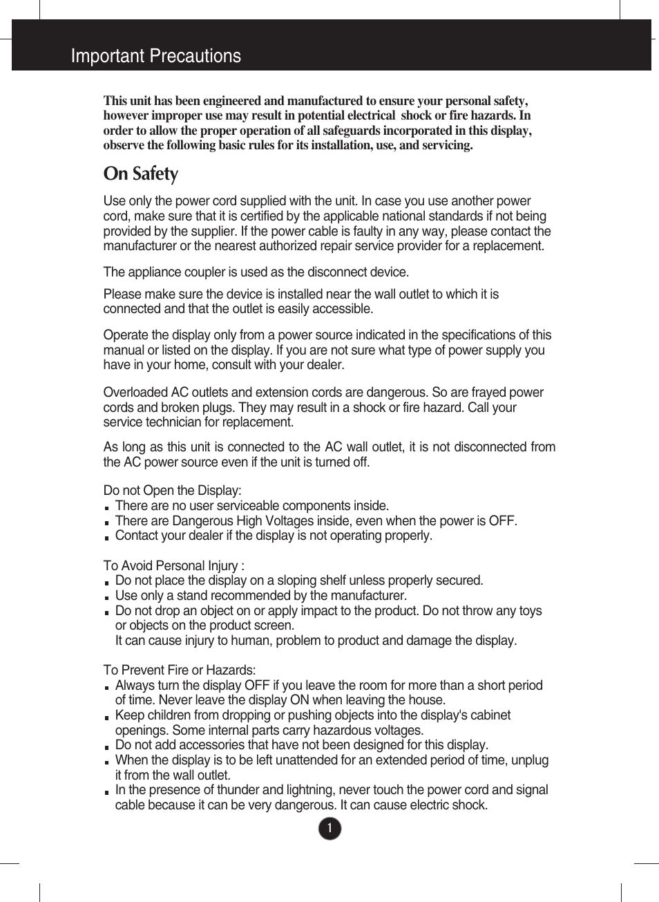 Important precautions, On safety | LG W2363D-PF User Manual | Page 2 / 27
