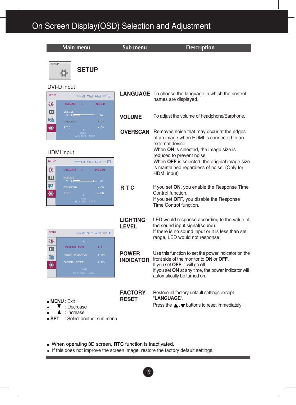 Setup, On screen display(osd) selection and adjustment | LG W2363D-PF User Manual | Page 20 / 27