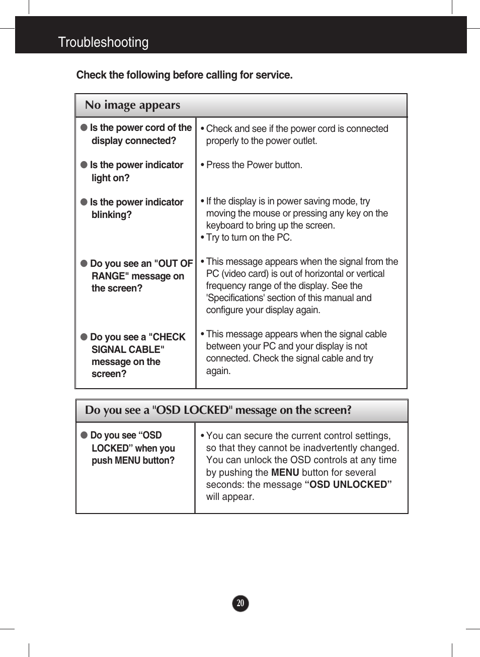 Troubleshooting, No image appears, Do you see a "osd locked" message on the screen | LG W2363D-PF User Manual | Page 21 / 27