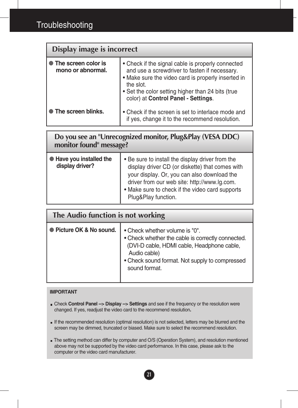 Display image is incorrect, The audio function is not working, Troubleshooting | LG W2363D-PF User Manual | Page 22 / 27