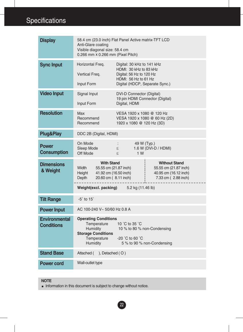 Specifications | LG W2363D-PF User Manual | Page 23 / 27