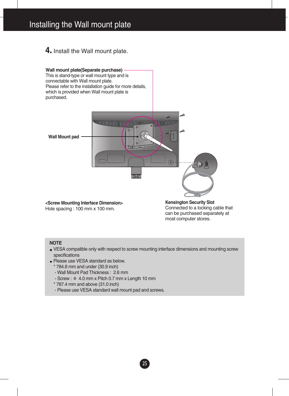 Installing the wall mount plate | LG W2363D-PF User Manual | Page 26 / 27