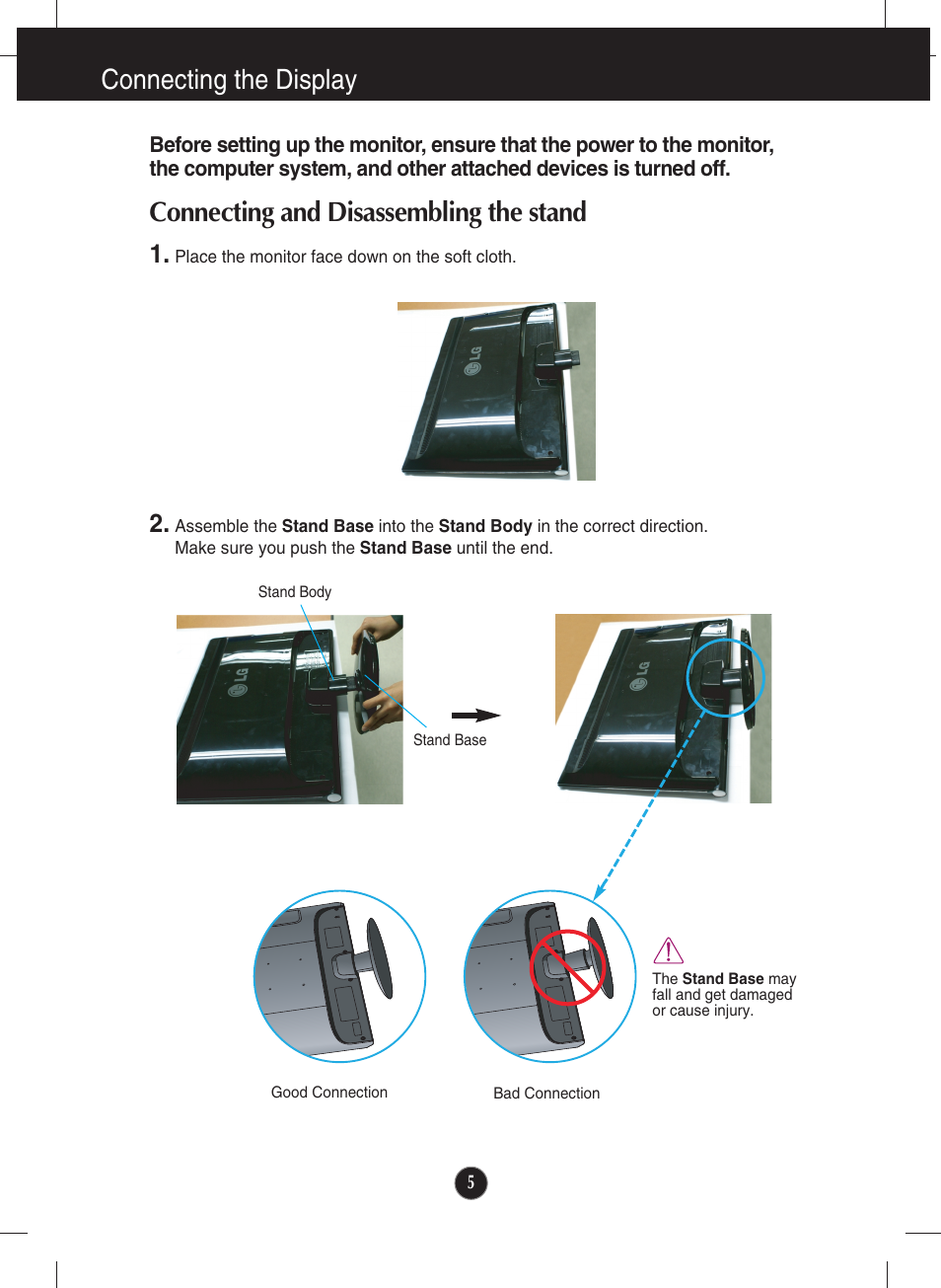 Connecting the display, Connecting and disassembling the stand | LG W2363D-PF User Manual | Page 6 / 27