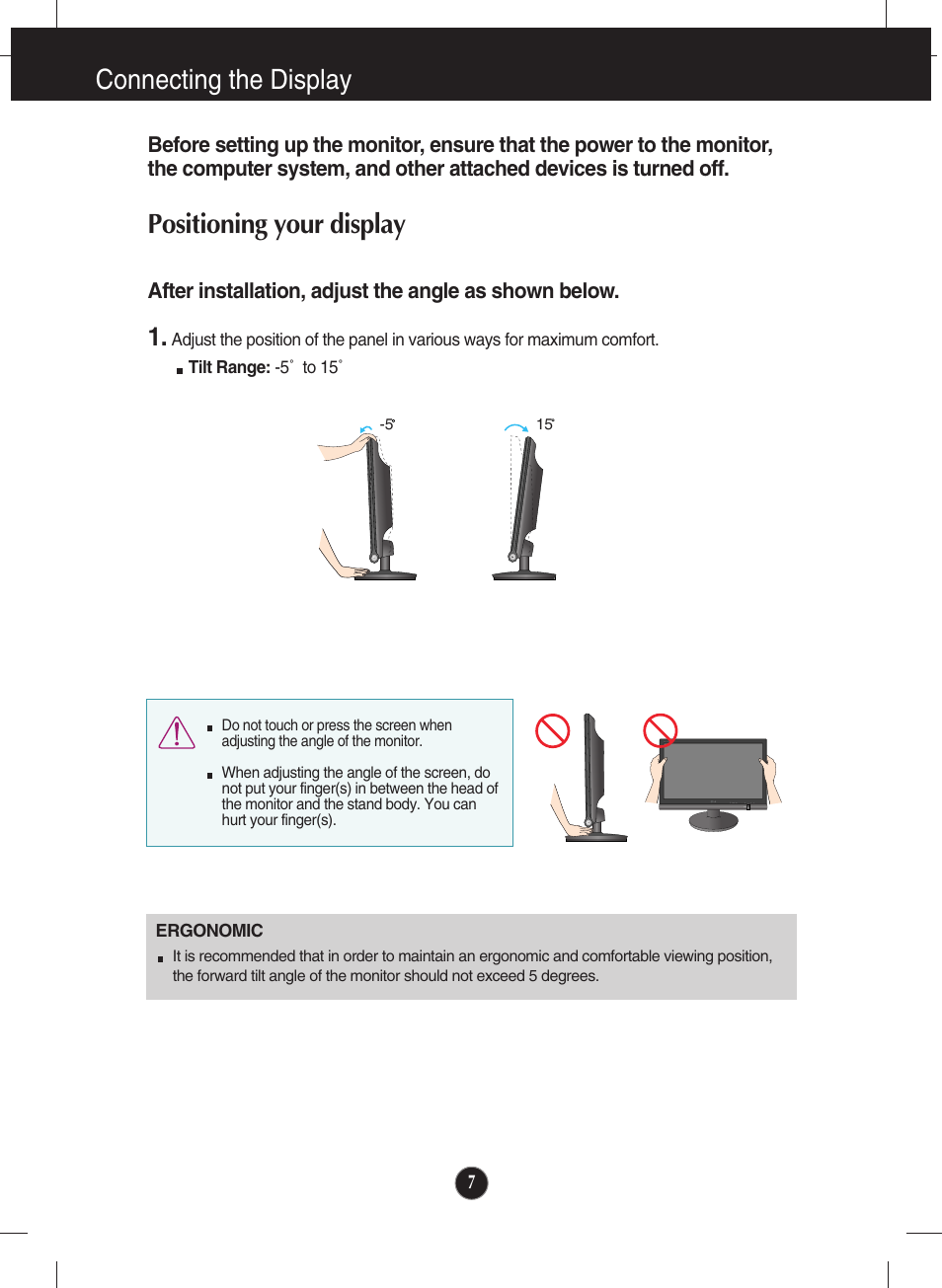 Positioning your display, Connecting the display | LG W2363D-PF User Manual | Page 8 / 27