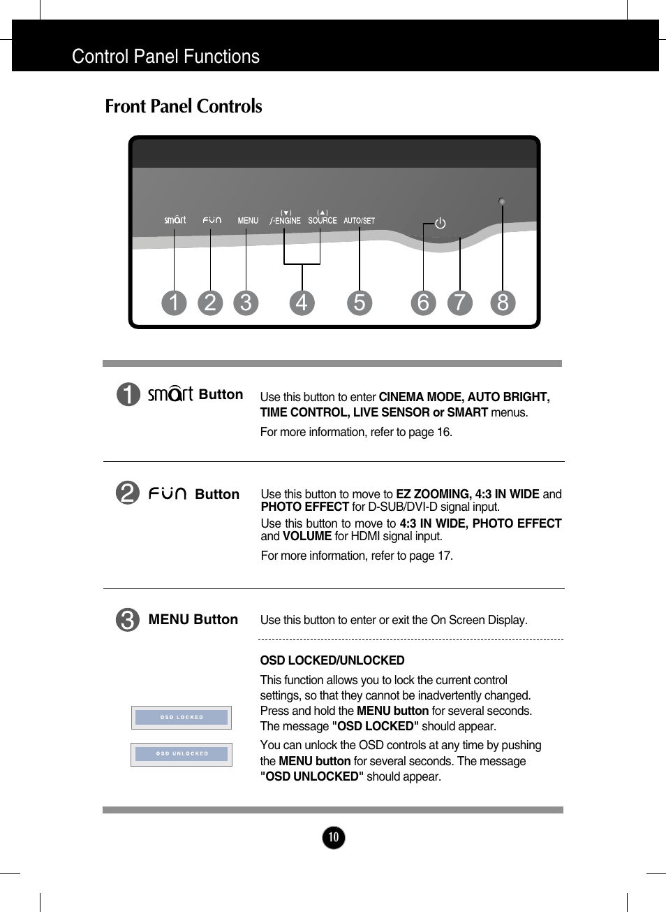 Control panel functions, Front panel controls, Control panel functions front panel controls | LG W2286L-PF User Manual | Page 11 / 33