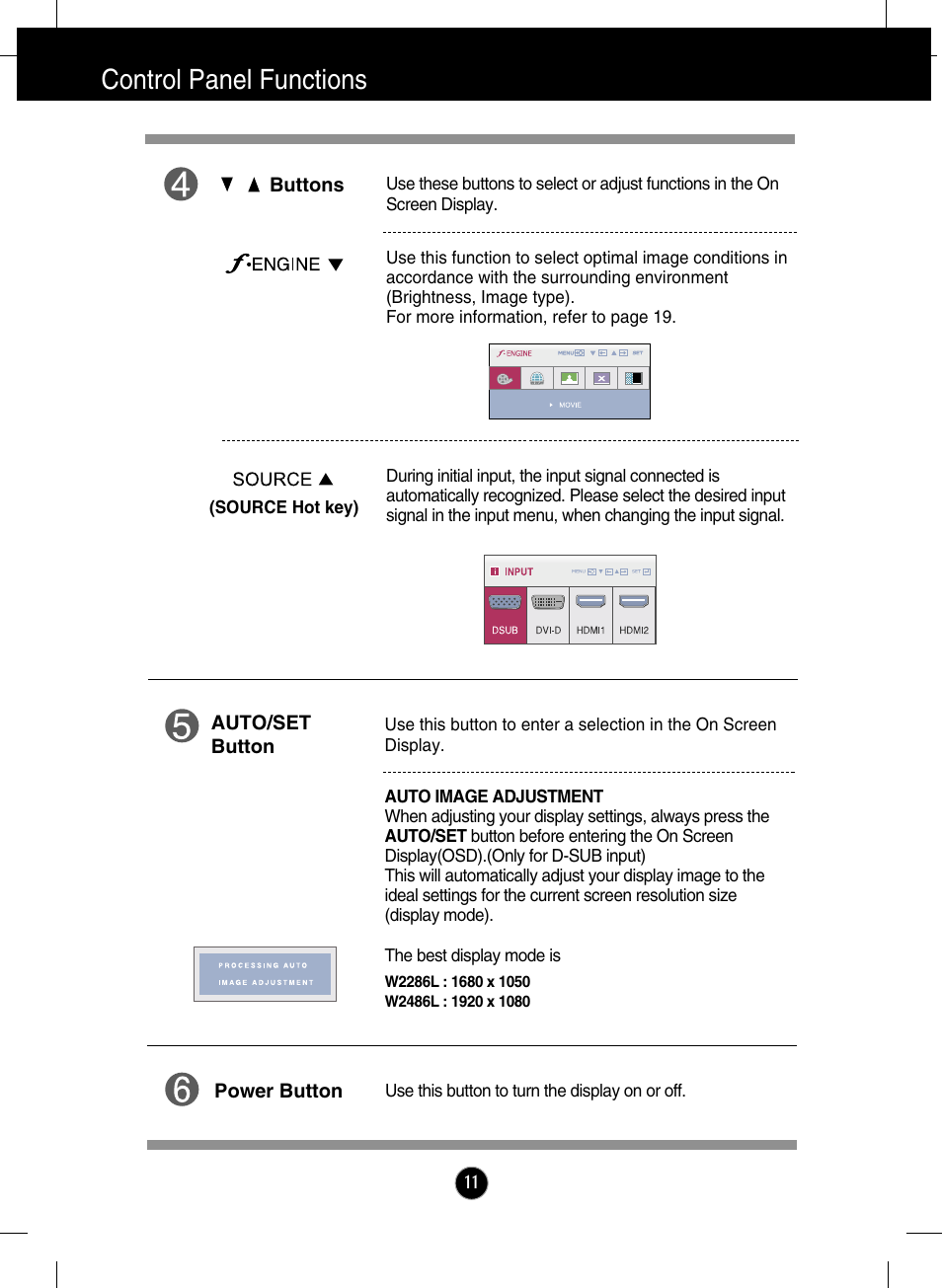 Control panel functions | LG W2286L-PF User Manual | Page 12 / 33