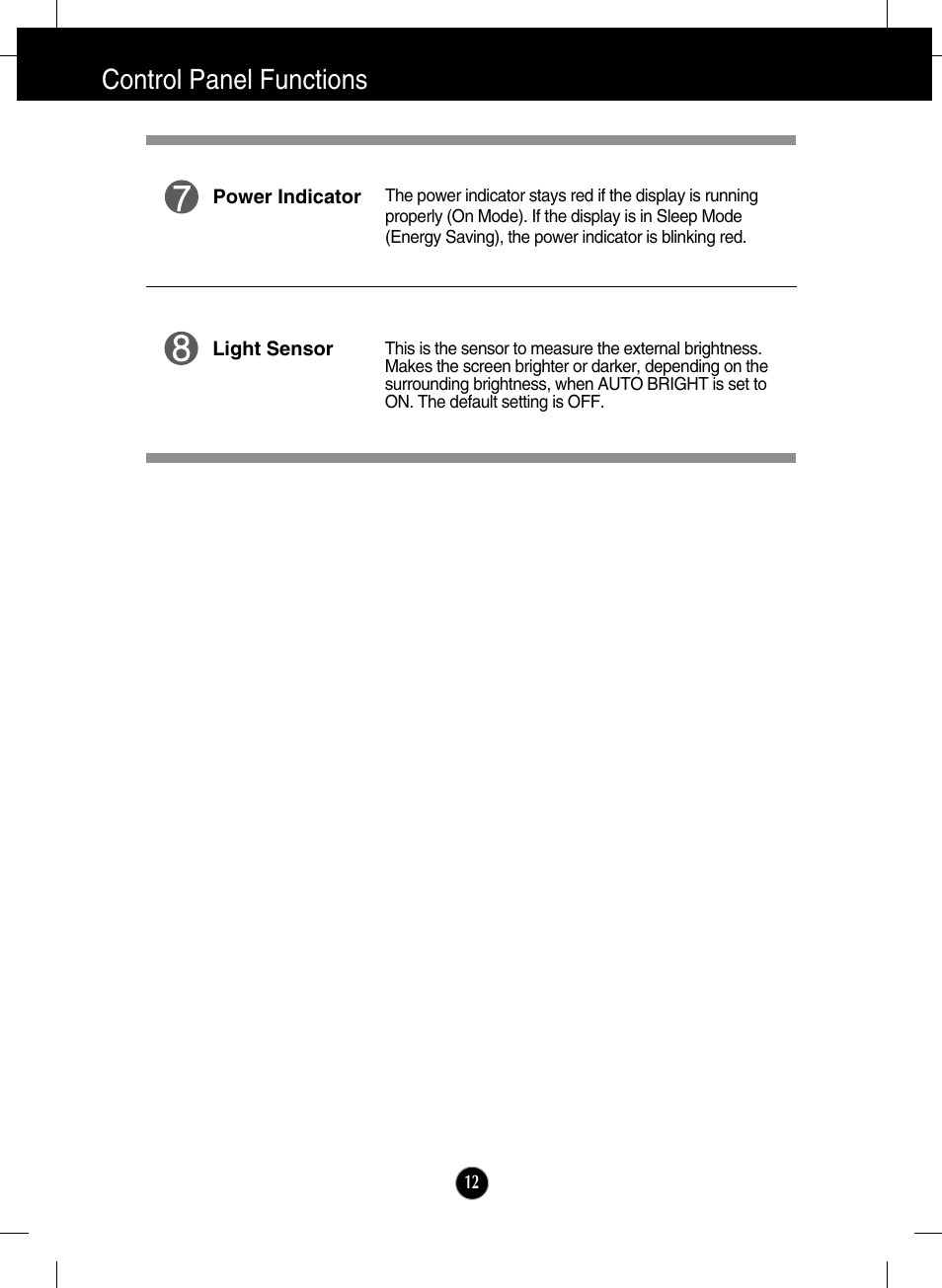 Control panel functions | LG W2286L-PF User Manual | Page 13 / 33