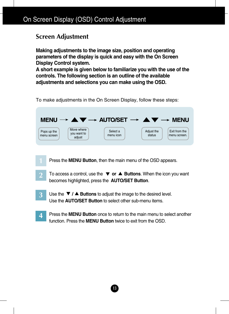 On screen display (osd) control adjustment, Screen adjustment | LG W2286L-PF User Manual | Page 14 / 33