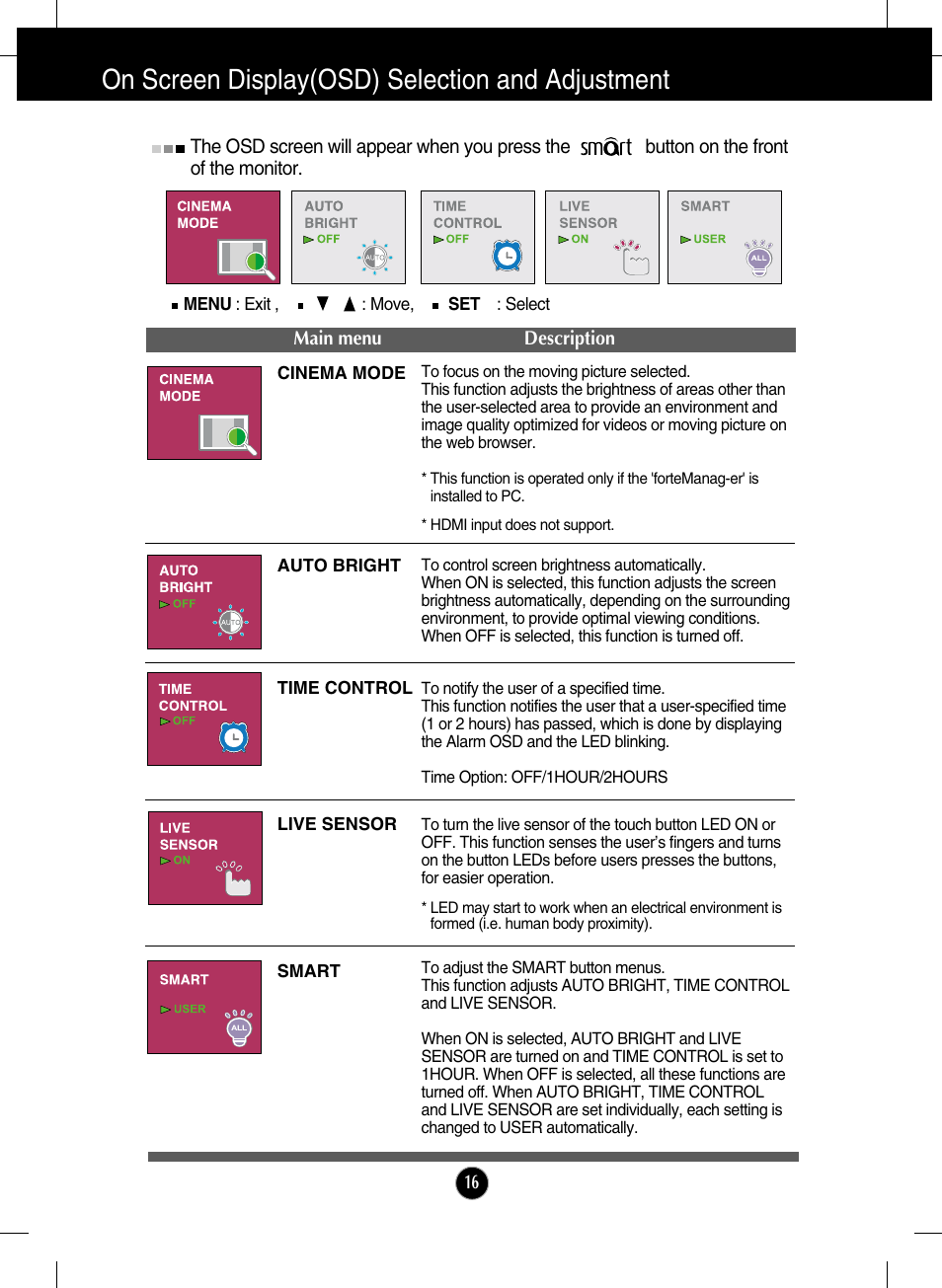 Smart, On screen display(osd) selection and adjustment | LG W2286L-PF User Manual | Page 17 / 33