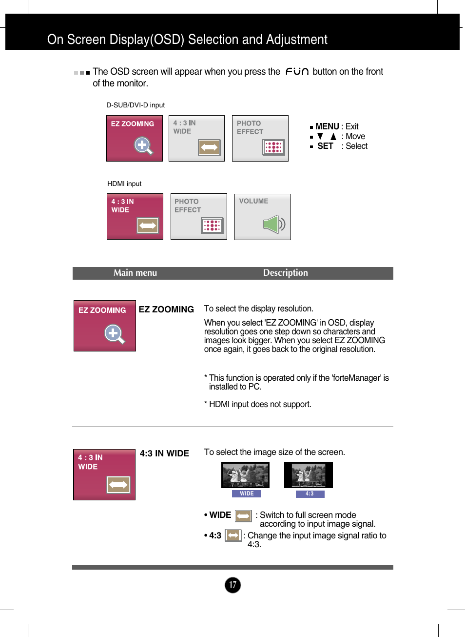 On screen display(osd) selection and adjustment | LG W2286L-PF User Manual | Page 18 / 33