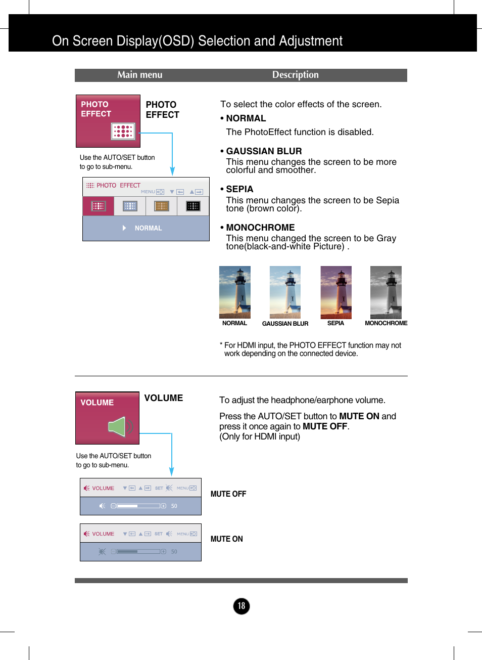 On screen display(osd) selection and adjustment | LG W2286L-PF User Manual | Page 19 / 33