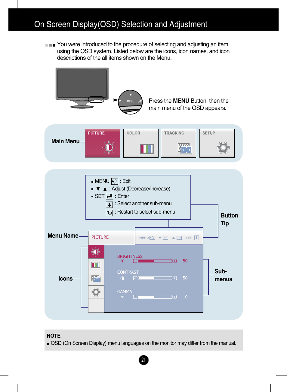 Menu, On screen display(osd) selection and adjustment | LG W2286L-PF User Manual | Page 22 / 33