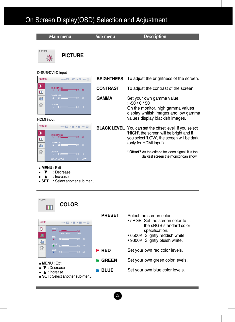 Picture, Color, On screen display(osd) selection and adjustment | LG W2286L-PF User Manual | Page 23 / 33