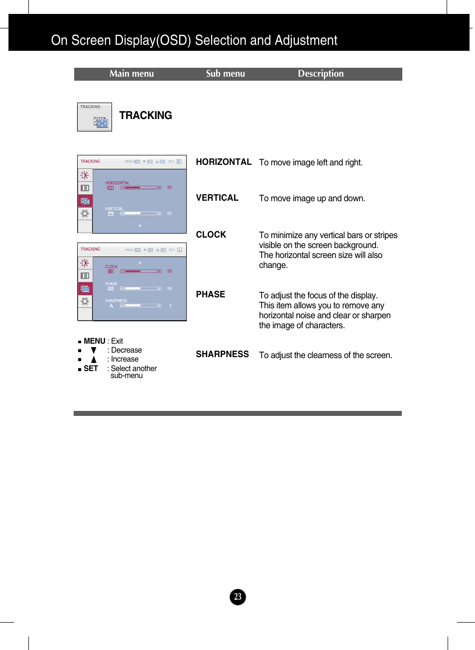 Tracking, On screen display(osd) selection and adjustment | LG W2286L-PF User Manual | Page 24 / 33