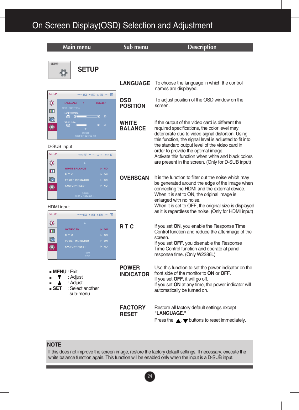 Setup, On screen display(osd) selection and adjustment | LG W2286L-PF User Manual | Page 25 / 33