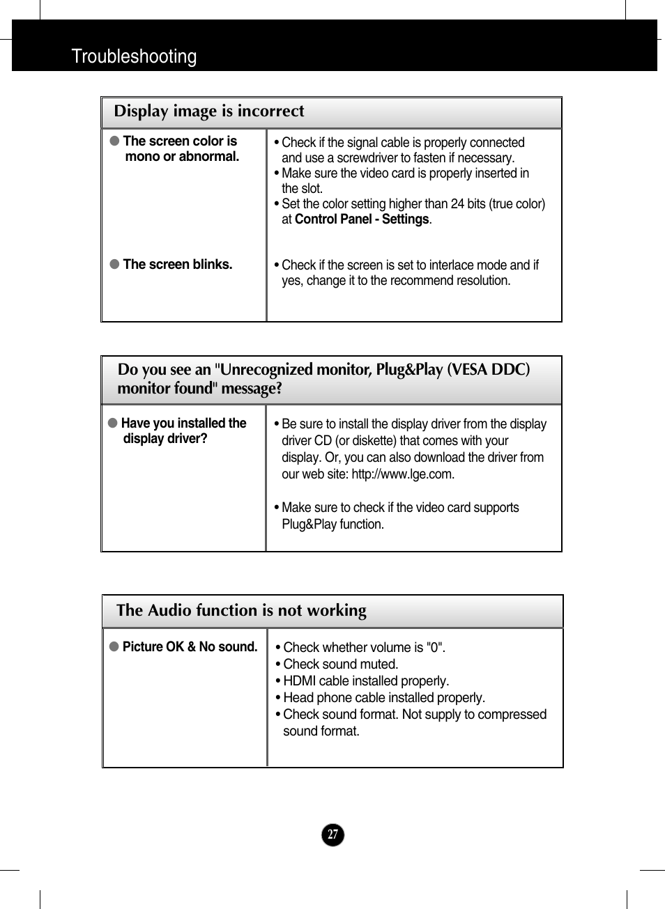 The audio function is not working, Troubleshooting | LG W2286L-PF User Manual | Page 28 / 33