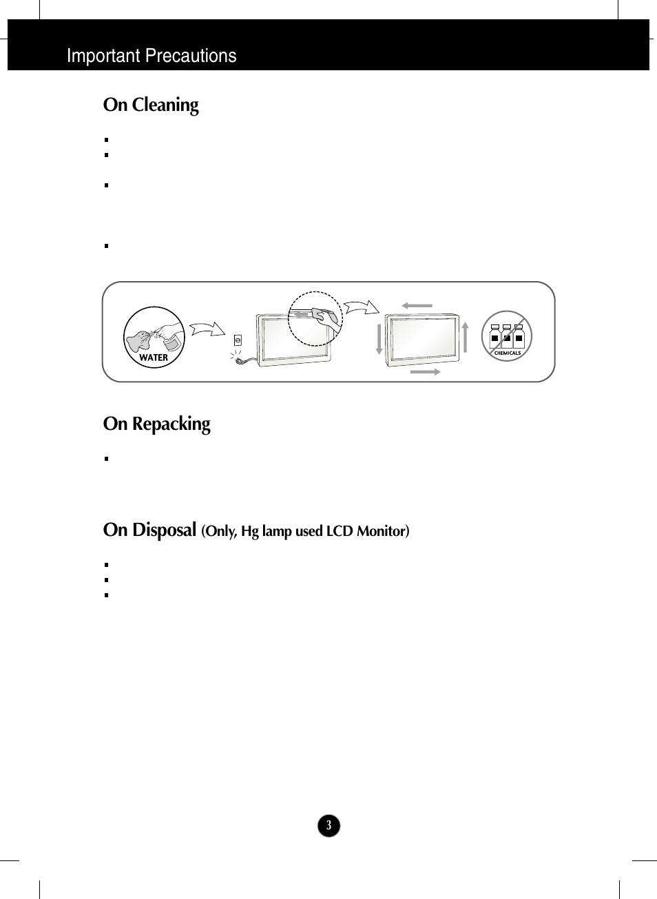On cleaning, On repacking, On disposal (only, hg lamp used lcd monitor) | Important precautions, On disposal | LG W2286L-PF User Manual | Page 4 / 33