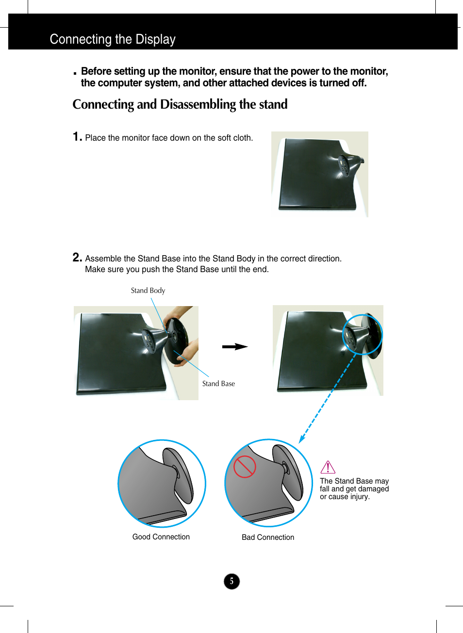 Connecting the display, Connecting and disassembling the stand | LG W2286L-PF User Manual | Page 6 / 33