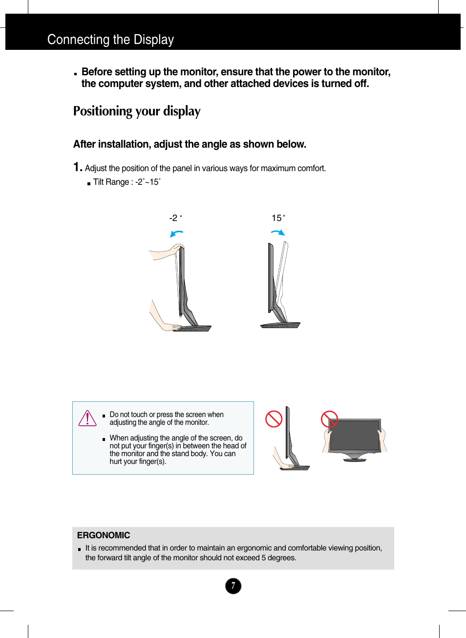 Positioning your display, Connecting the display | LG W2286L-PF User Manual | Page 8 / 33
