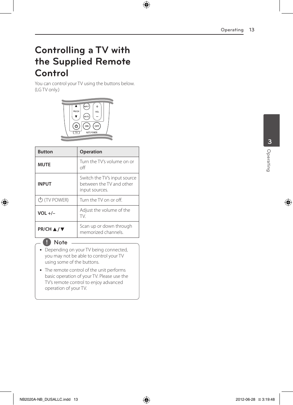 Controlling a tv with the supplied remote control | LG NB2022A User Manual | Page 13 / 18