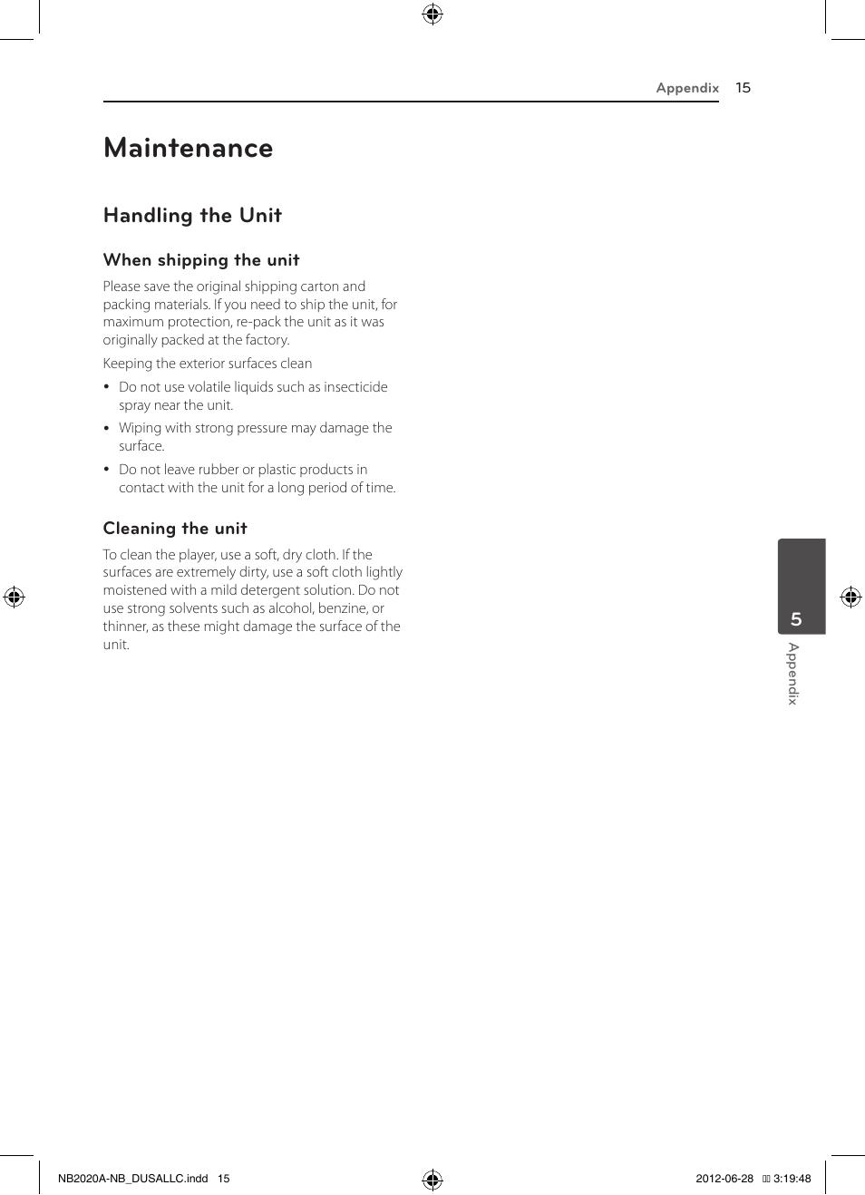 Maintenance, Handling the unit | LG NB2022A User Manual | Page 15 / 18