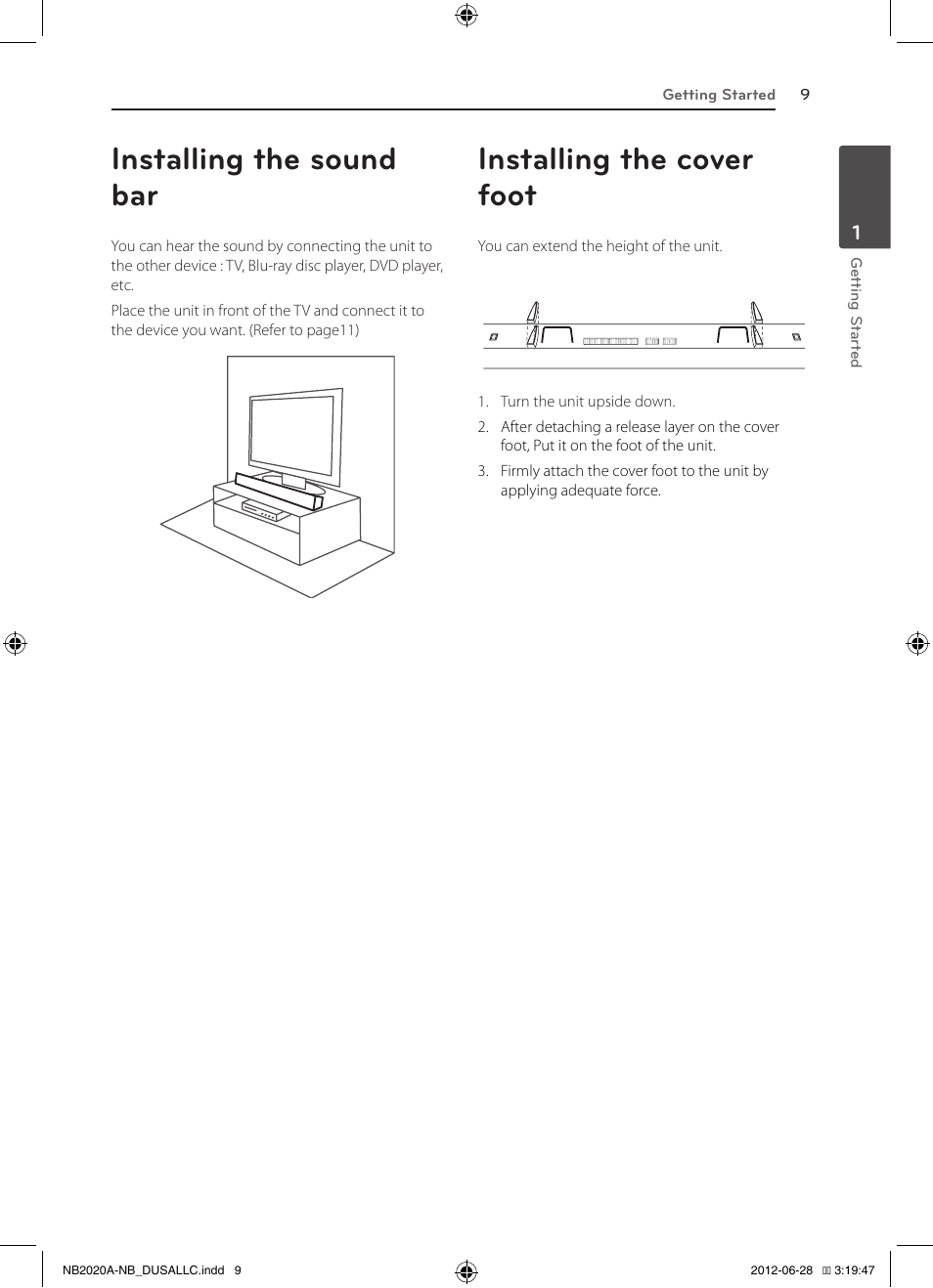 Installing the sound bar, Installing the cover foot | LG NB2022A User Manual | Page 9 / 18