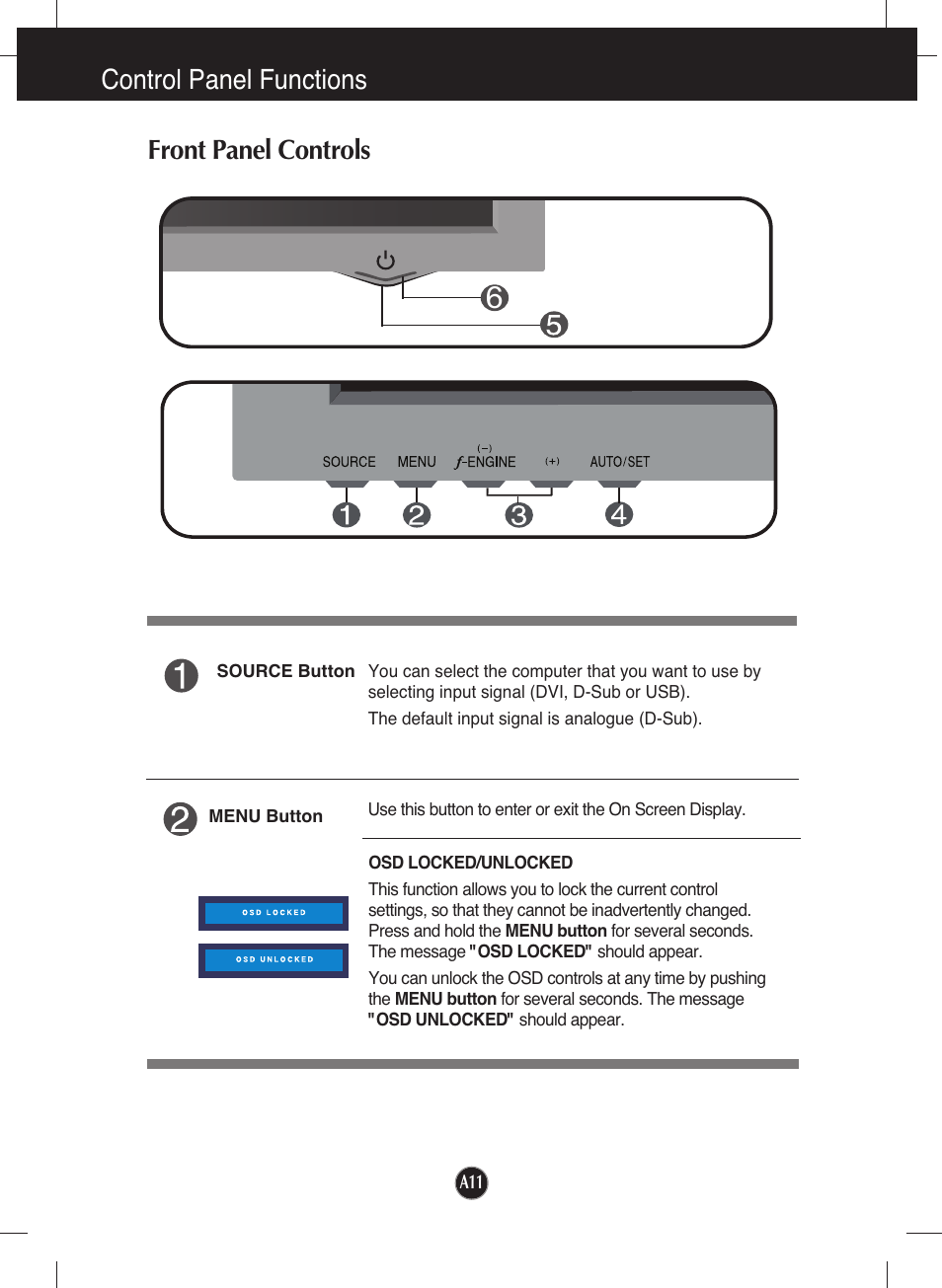 Control panel functions, Front panel controls | LG L226WU-PF User Manual | Page 12 / 28