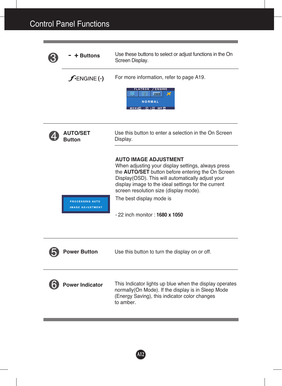 Control panel functions | LG L226WU-PF User Manual | Page 13 / 28