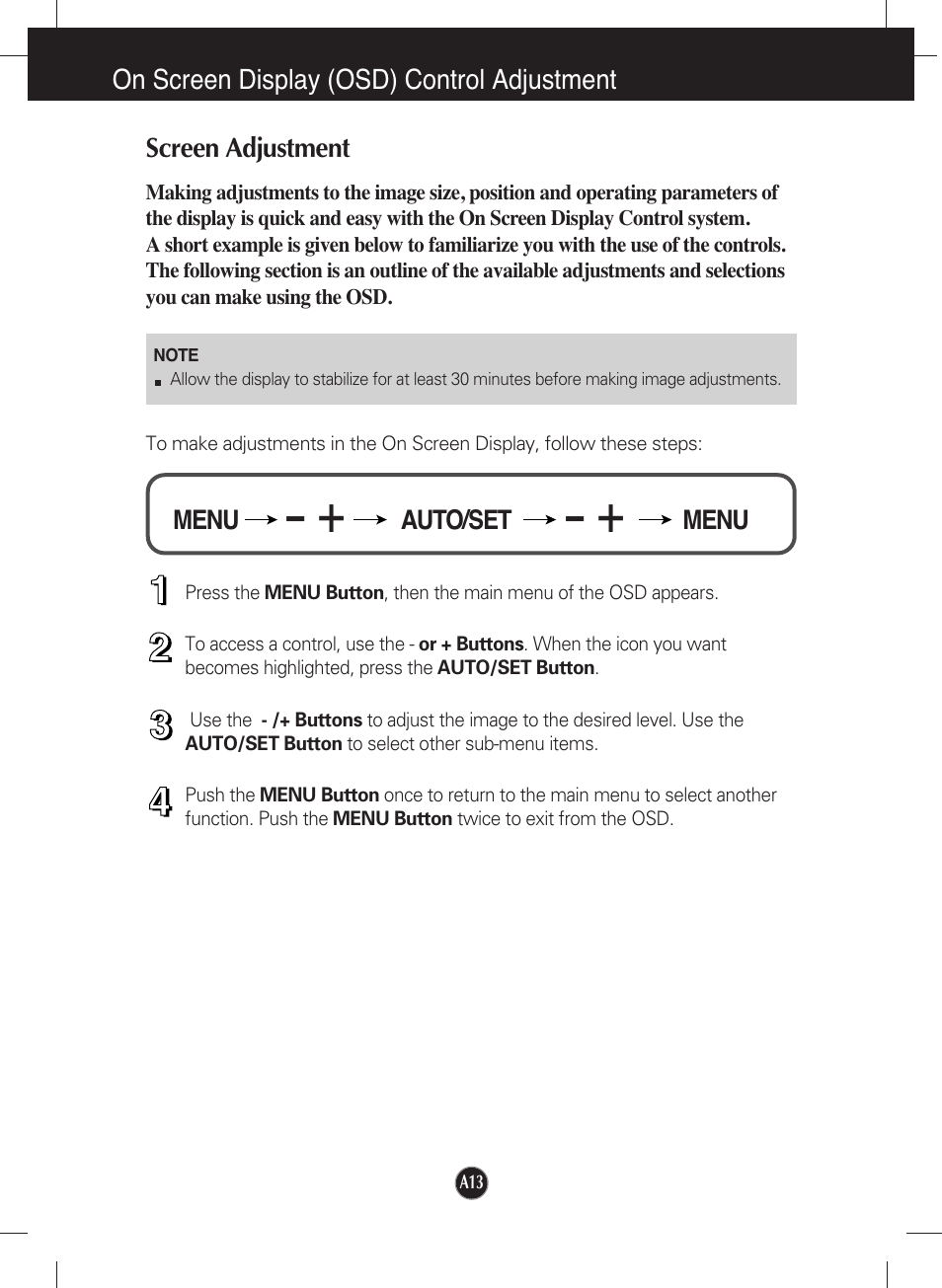 On screen display (osd) control adjustment, Screen adjustment | LG L226WU-PF User Manual | Page 14 / 28
