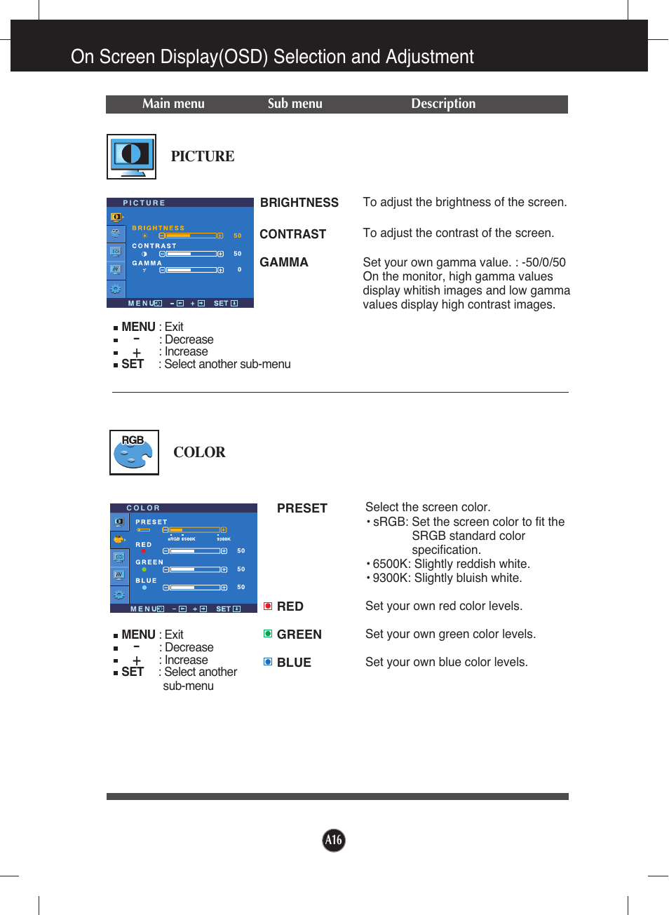 Picture, Color, On screen display(osd) selection and adjustment | LG L226WU-PF User Manual | Page 17 / 28