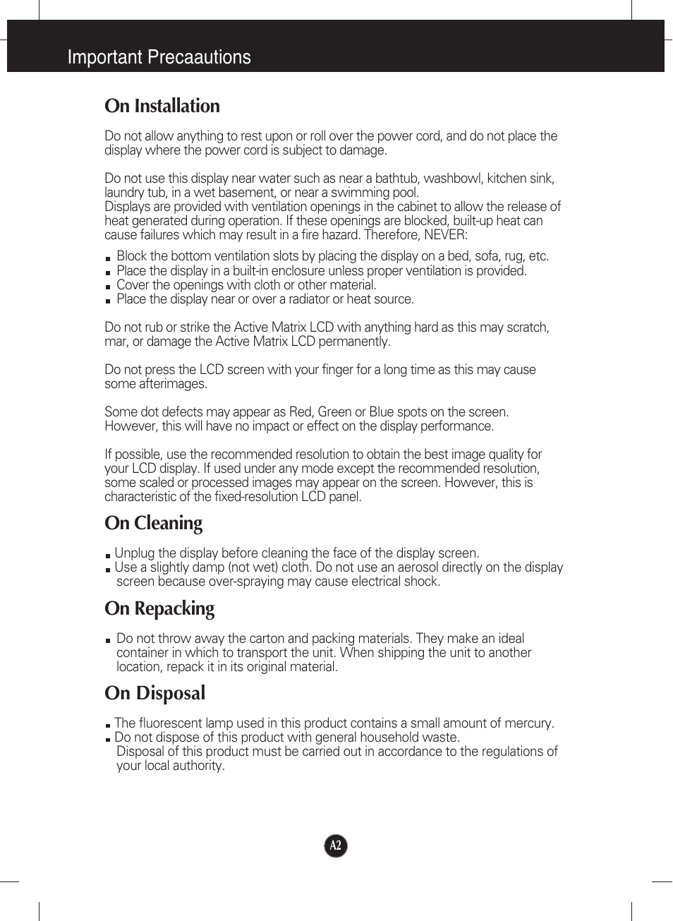 On installation, On cleaning, On repacking | On disposal, Important precaautions on installation | LG L226WU-PF User Manual | Page 3 / 28