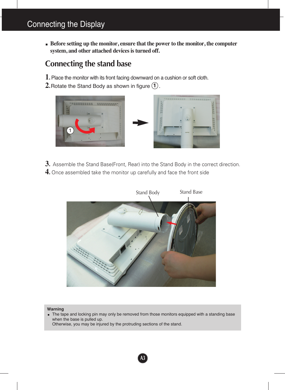 Connecting the display, Connecting the stand base | LG L226WU-PF User Manual | Page 4 / 28