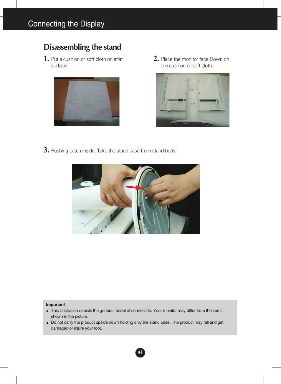 Disassembling the stand, Connecting the display disassembling the stand | LG L226WU-PF User Manual | Page 5 / 28