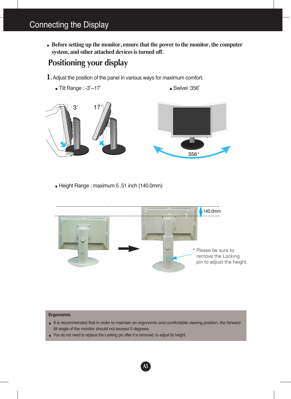 Positioning your display, Connecting the display | LG L226WU-PF User Manual | Page 6 / 28