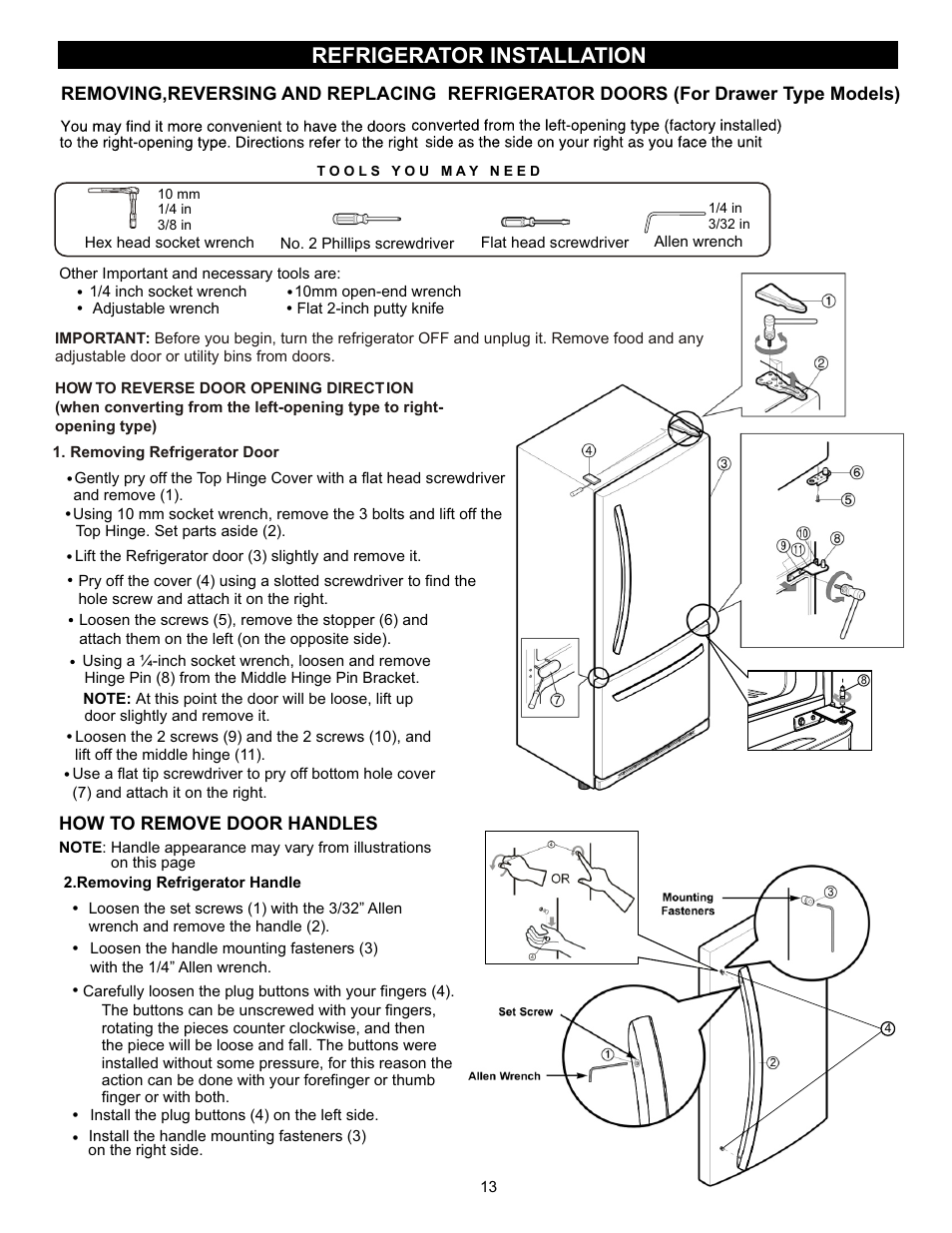 Refrigerator installation | LG LRBN20512SW User Manual | Page 13 / 38