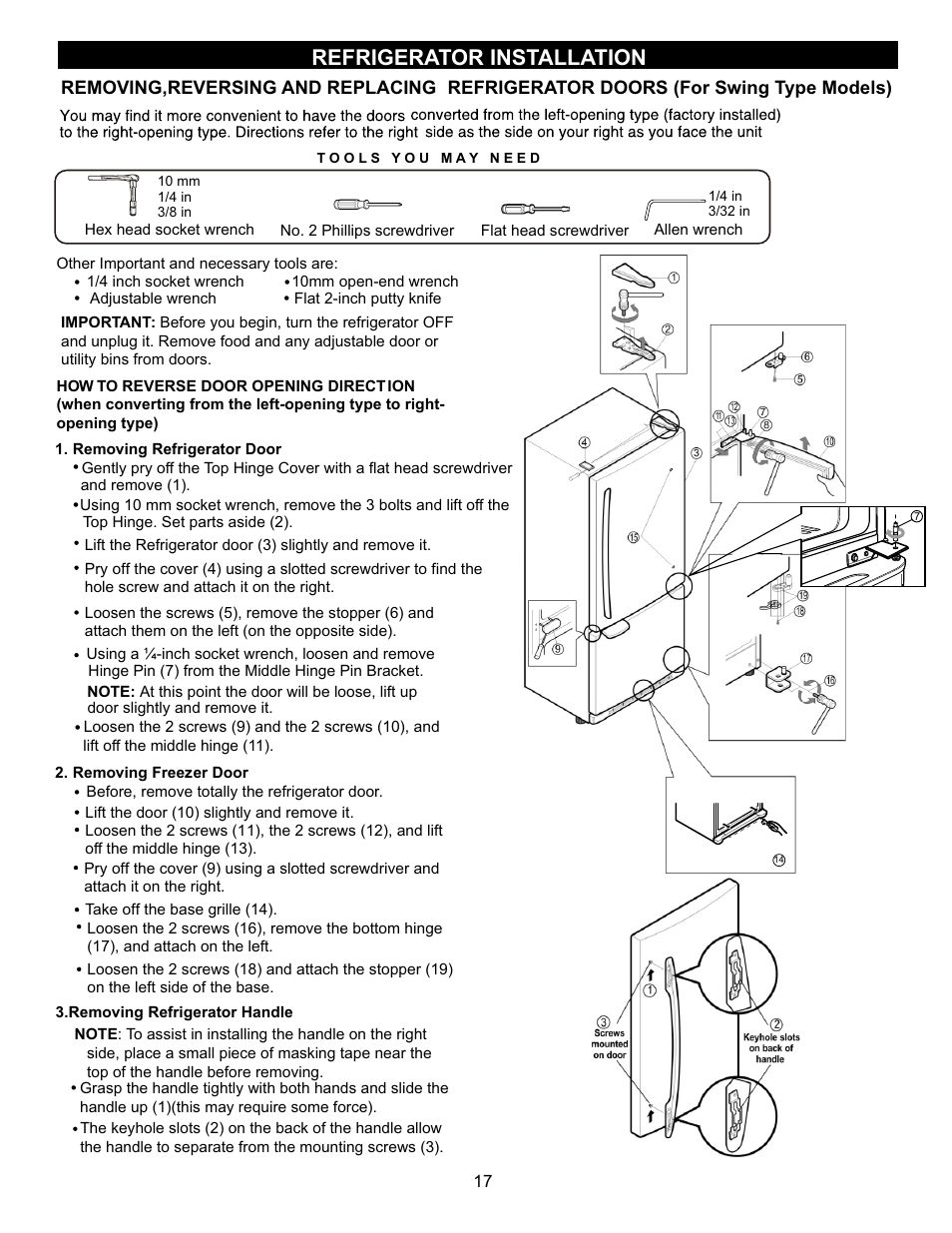 Refrigerator installation | LG LRBN20512SW User Manual | Page 17 / 38